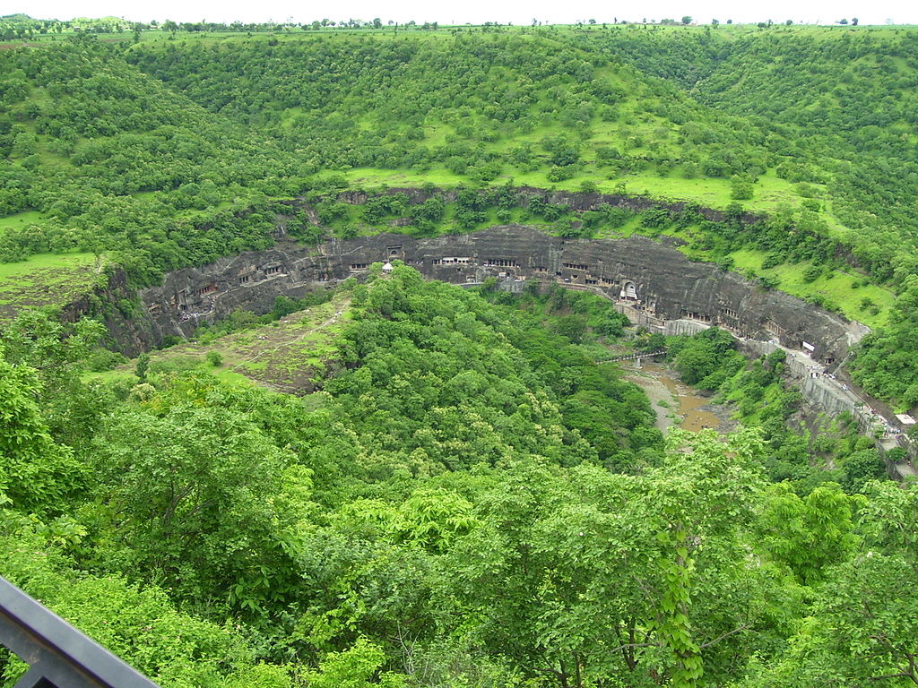 Panoramic view of Ajanta Caves from the nearby hill