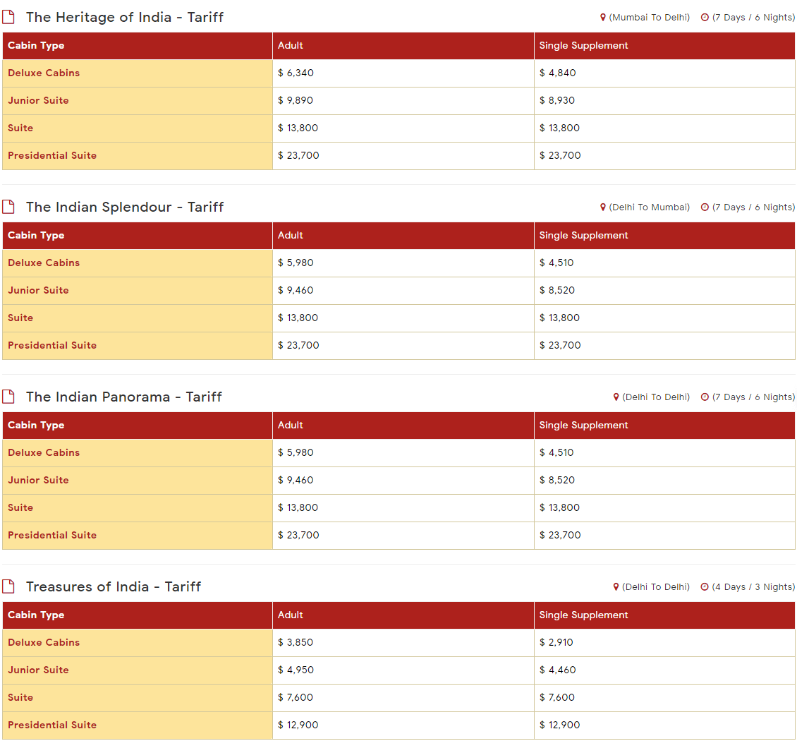 maharajas express fare