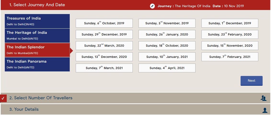 Maharaja Express Booking Step 2